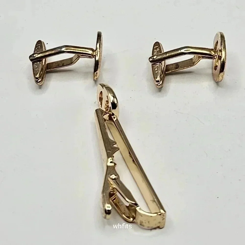 Christian Dior Gold Tone Cufflinks and Tie Bar Set